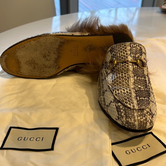 GUCCI Python Snakeskin & Lamb Wool Fur Slip on Princetown - Picture 2 of 13